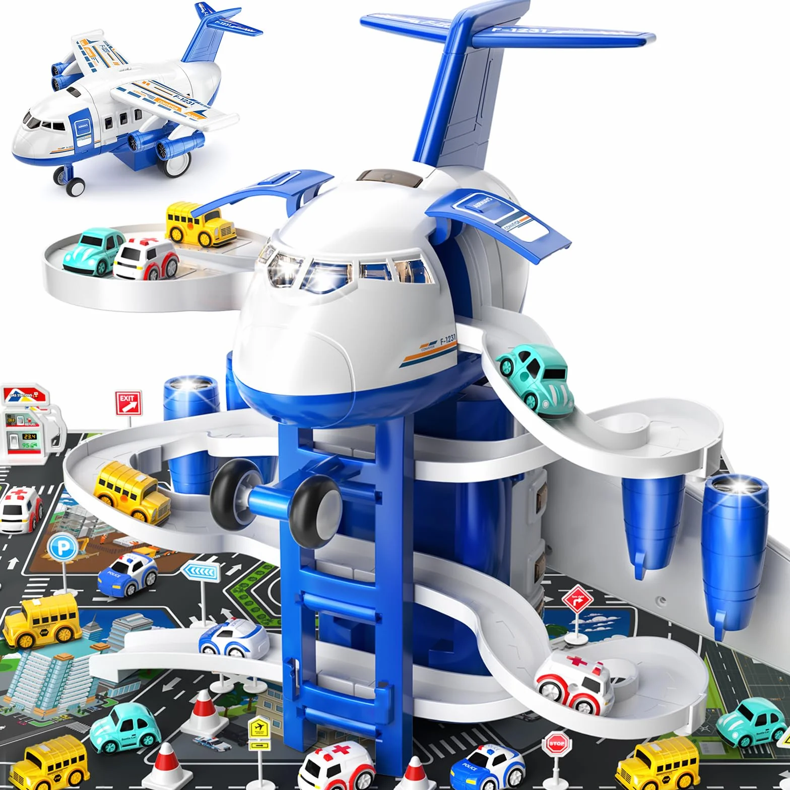 TEMI Juguete de Avión Transformado para Niños de 3 a 7 Años - Garaje Aventura con 8 Coches de Ciudad para Pequeños de 2 a 6 Años