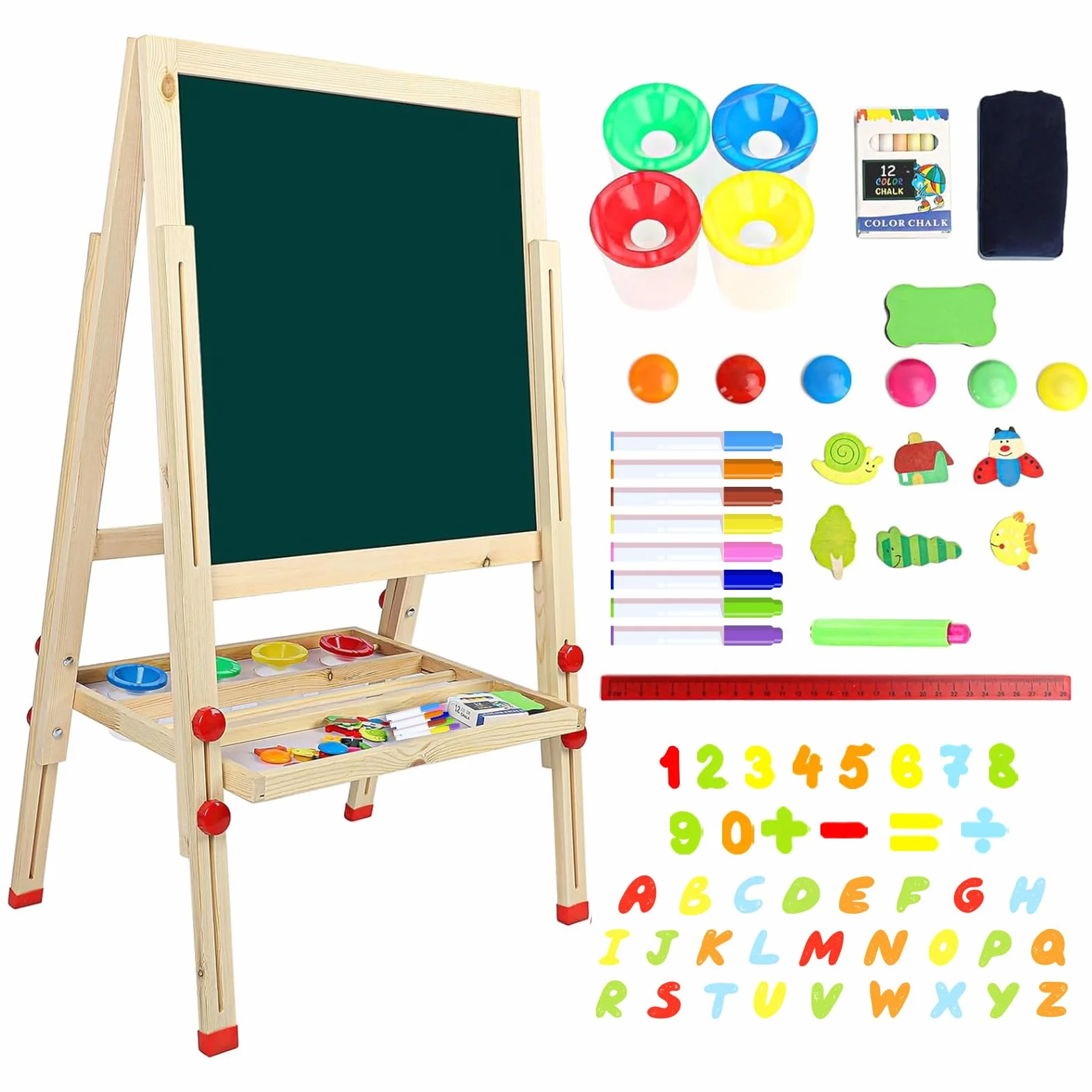 Dripex Pizarra Infantil, Caballete de Madera 2 en 1 para Niños, Doble Cara, Altura Ajustable en 81-146cm, con Tiza y Esponja, Juegos Educativos Regalos para Niños
