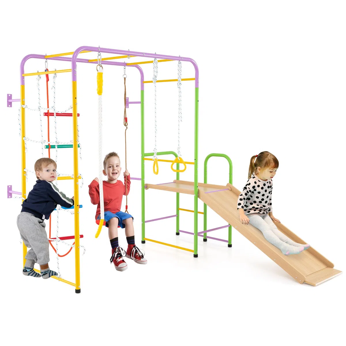 COSTWAY Gimnasio Jungla de Metal, Juego de Escalada 8 en 1 con Barras de Mono, Pared, Escalera, Cuerda, Anillos Gimnásticos, Columpio, Tobogán y Escalador, Parque Infantil para Niños de 3+ Años