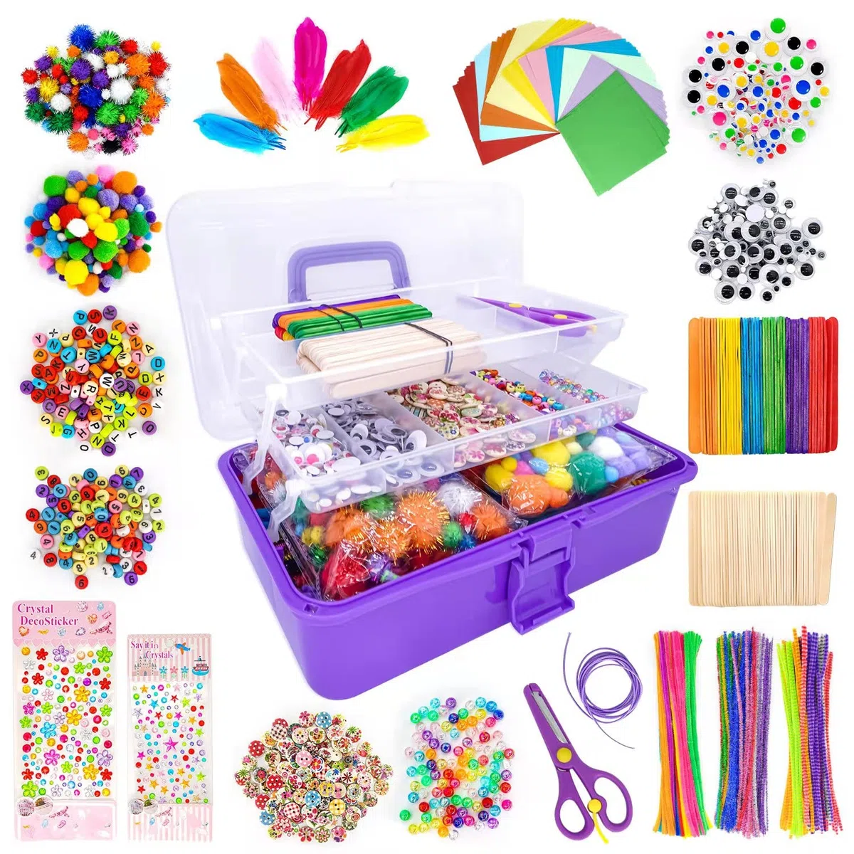 LINAYE 1600 cajas de manualidades para niños, en caja de almacenamiento plegable, para manualidades, plumas, limpiador de pipas, pompones, manualidades, Navidad, Día del Niño (morado)
