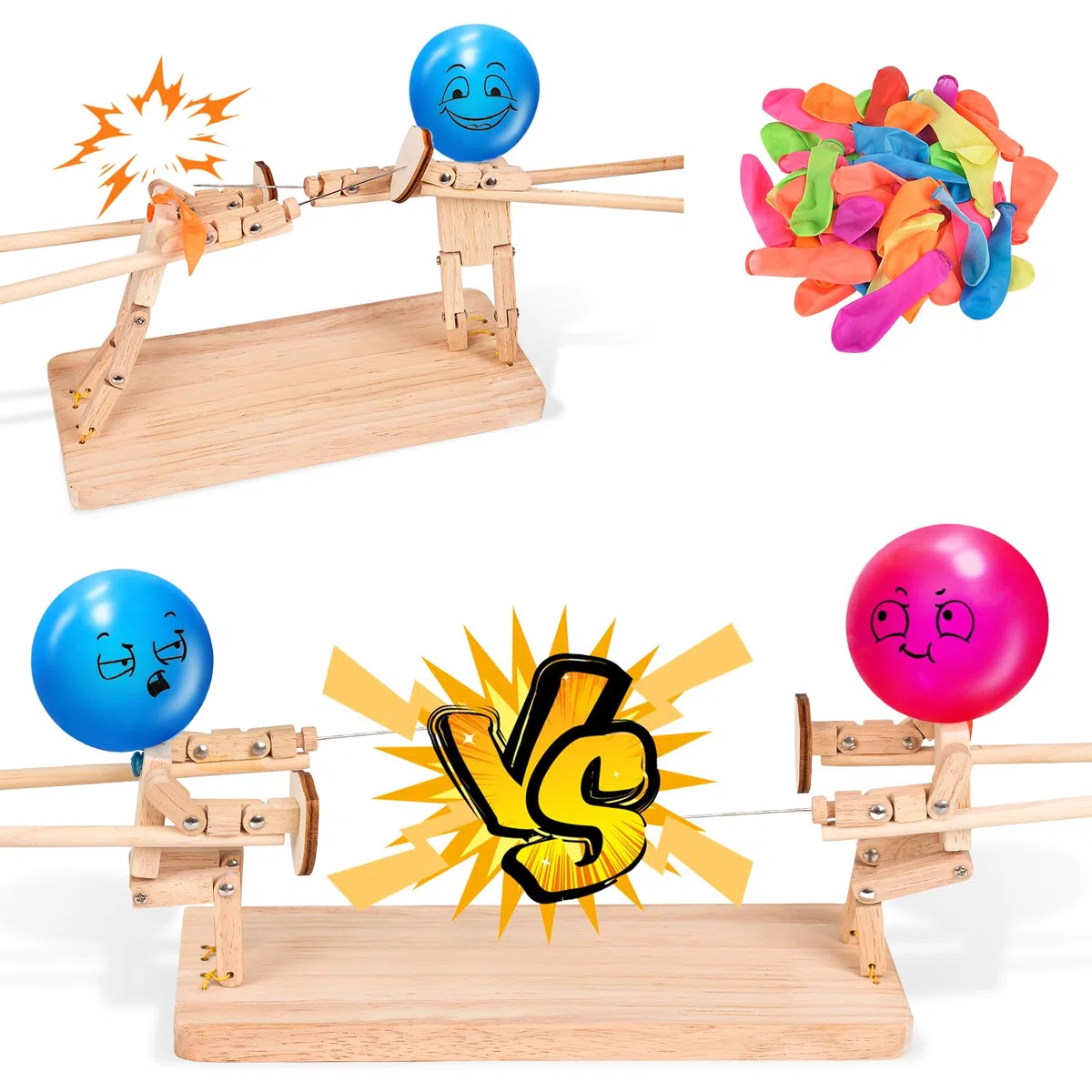 Balloon Bamboo Man Battle, Juguete de Lucha para Hombre de Bambú, Batalla de Lucha de Globos, Marionetas de Esgrima de Madera Hecha a Mano, Juego de Muñecos de Lucha de Madera (A)