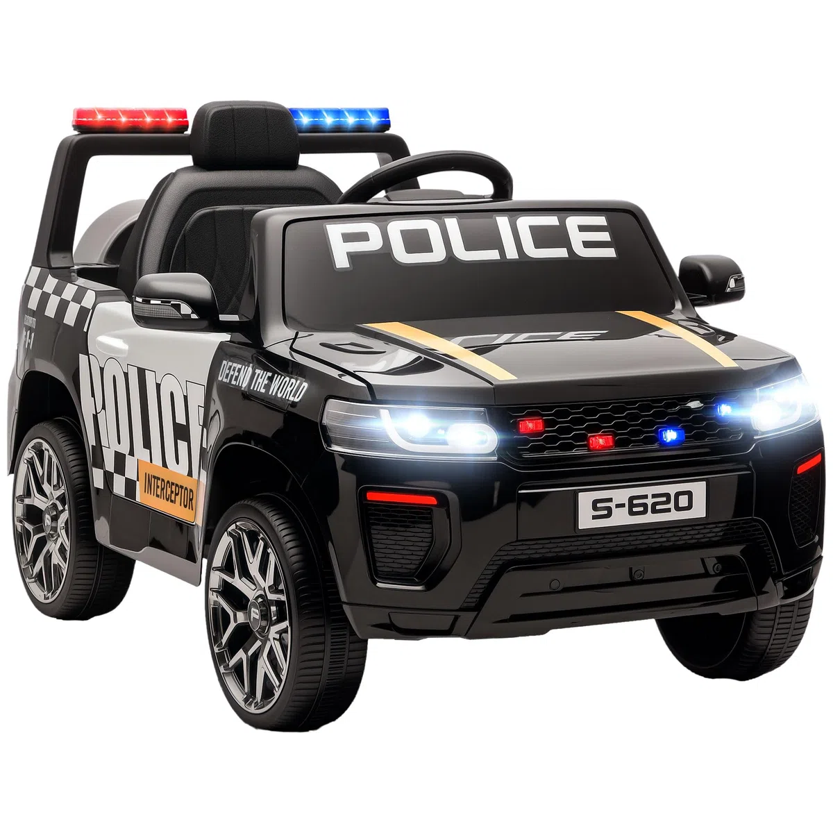 AIYAPLAY Coche Eléctrico para Niños de Policía Motor Doble 12V Negro | Mando a Distancia 2,4 G, Suspensión en 4 Ruedas, Sirena, Faros LED, Puerto USB, Blutooth y Música
