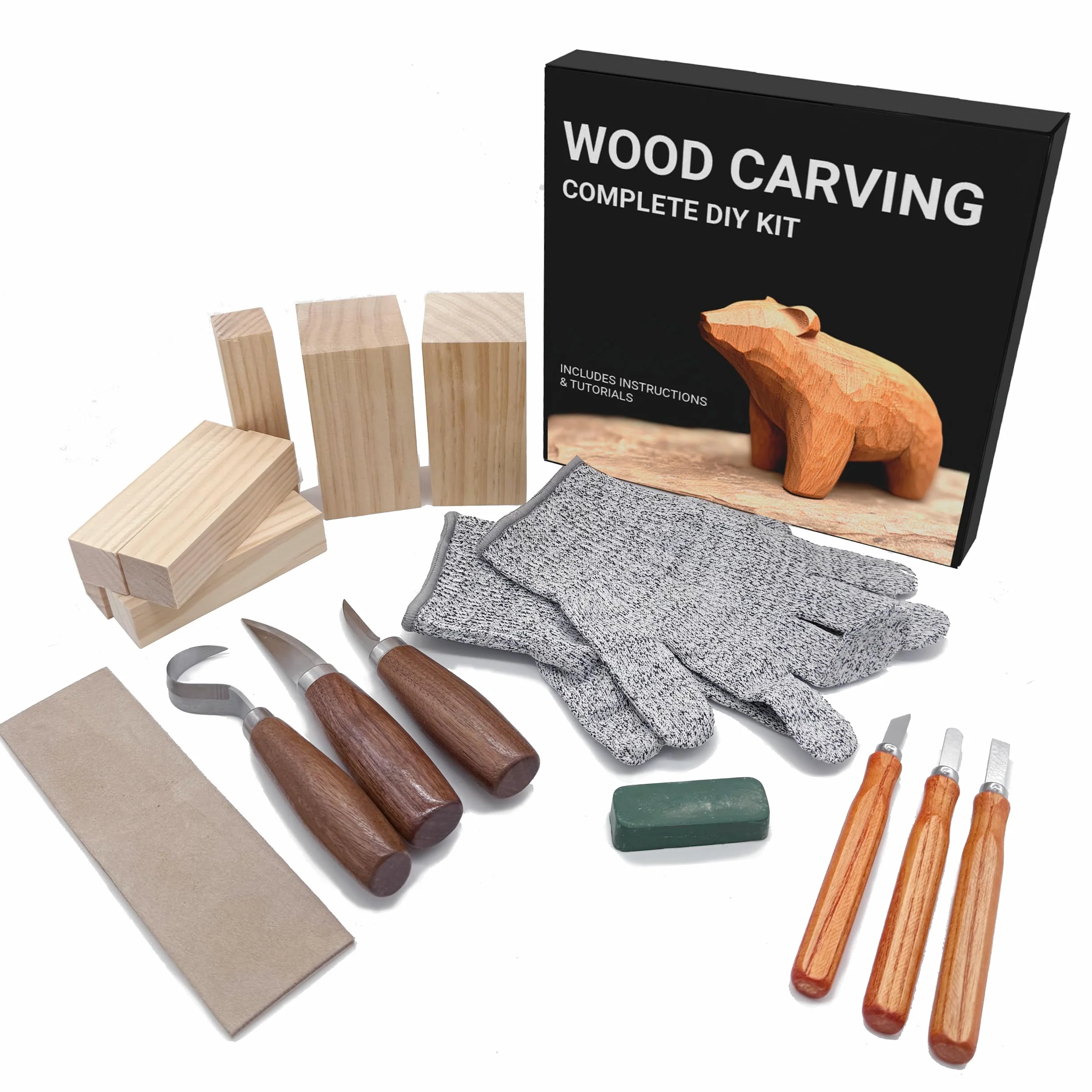 Artnova Kit de tallado en madera para principiantes – Set con cuchillos, guantes anticorte talla L, bloques de madera de tilo, afilador, compuesto pulidor, funda y guía con tutoriales