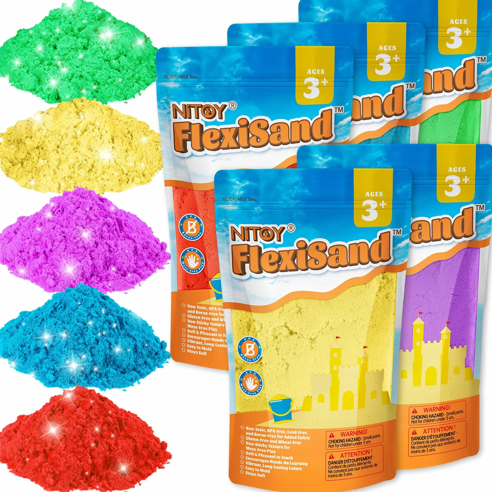 NiToy 5 kg de arena de juego moldeable en 5 colores, nunca se pega ni se seca, juguete ideal para niños, caja de arena y juegos sensoriales, para moldear, apretar, palar, rodar y modelar