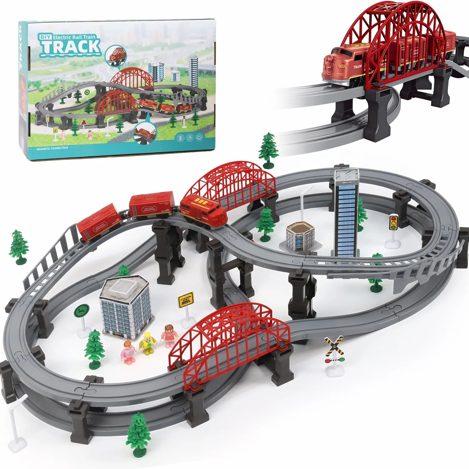 Juguete de Tren Eléctrico para Niños 128 Piezas, Tren de Juguete con Señales de Tráfico y Escenas Urbanas, Juego Educativo Pista de Coche para Niño 3 4 5 6 7 Años, Niños Niñas