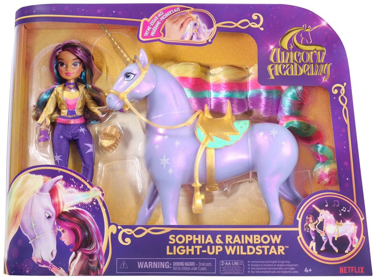 Academia Unicornio - Muñeca Sophia, Figura Interactiva Estrella 'Wildstar' con Luces y Sonidos + Accesorios - Unicornios para Niñas - Juguetes Niña 4 años +