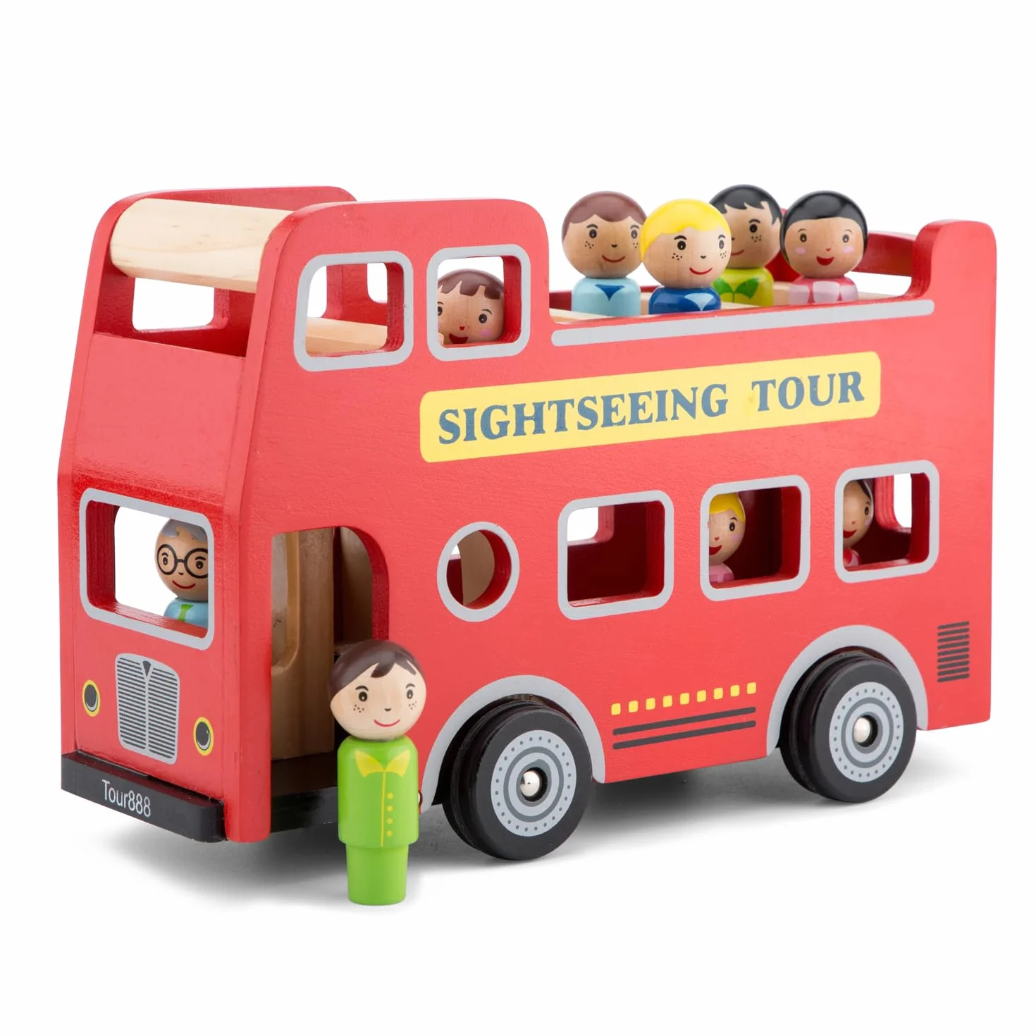 Woet® Autobús City Tour de Madera Juguete para Niños A Partir de 2 Años – Autobús Rojo de Dos Pisos con 9 Figuras – Vehículo de Imitación – Regalo para Niños y Niñas