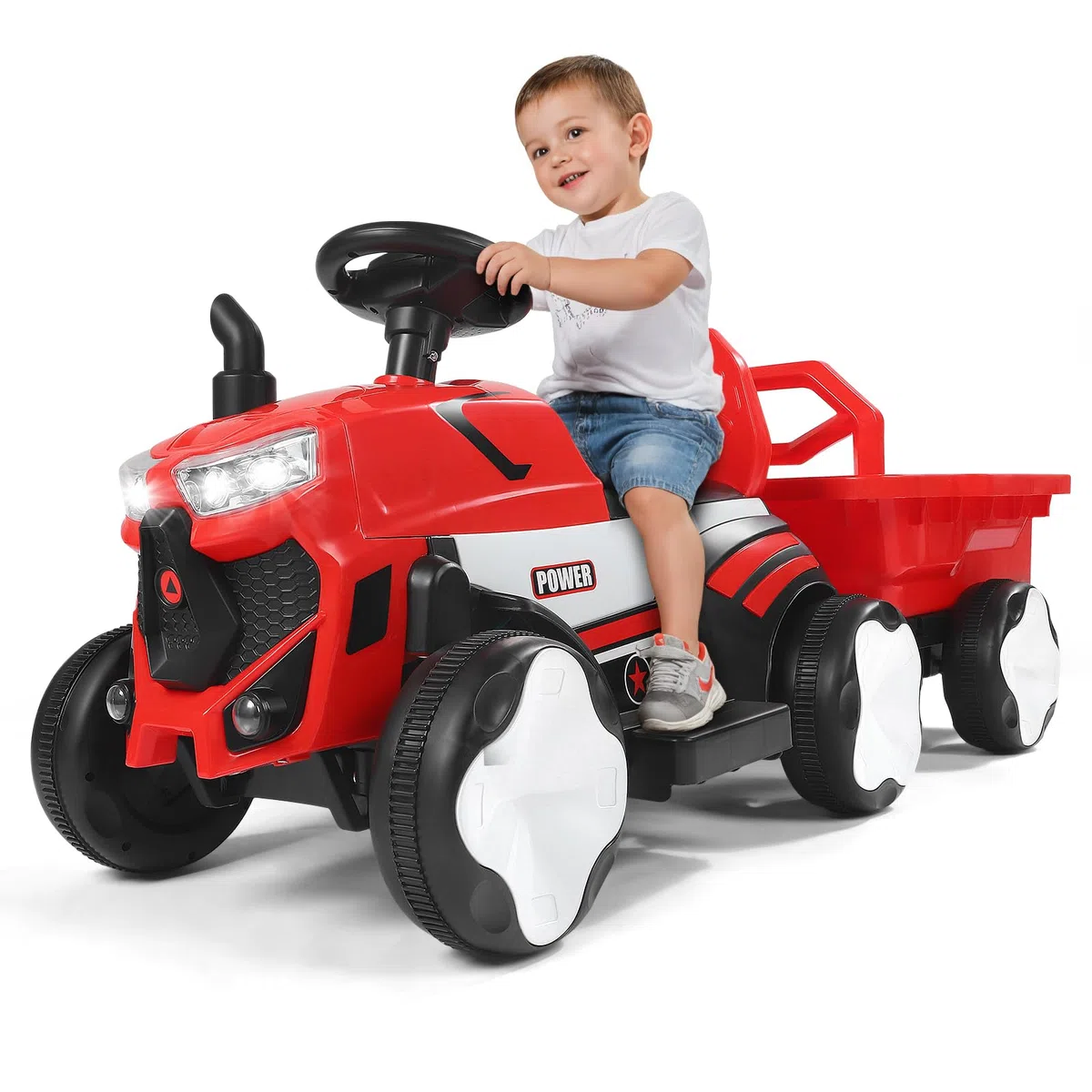 Tractor eléctrico para niños, Tractor Infantil con Remolque, con Luces LED, música, Capacidad de Carga hasta 50 kg, Apto para niños a Partir de 3 años (Rojo)