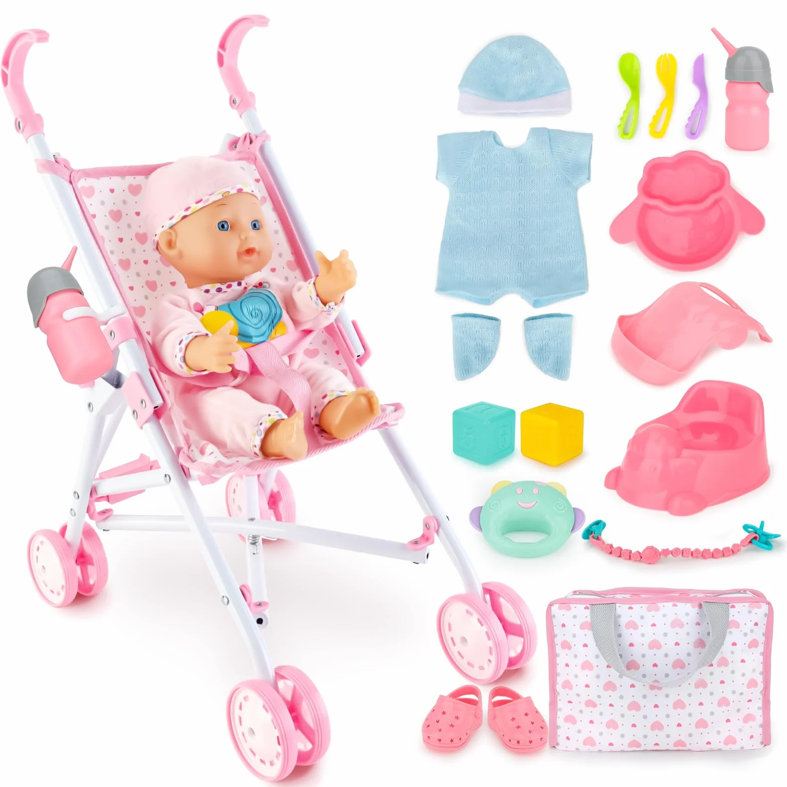 deAO Muñeco Bebé con 17 Pcs Accesorios, Cochecito de Muñecas de Bebé, Incluye 13inch Muñecos, Bolso de Accesorios, 2 Juegos de Ropa para Muñecas, Alimentar