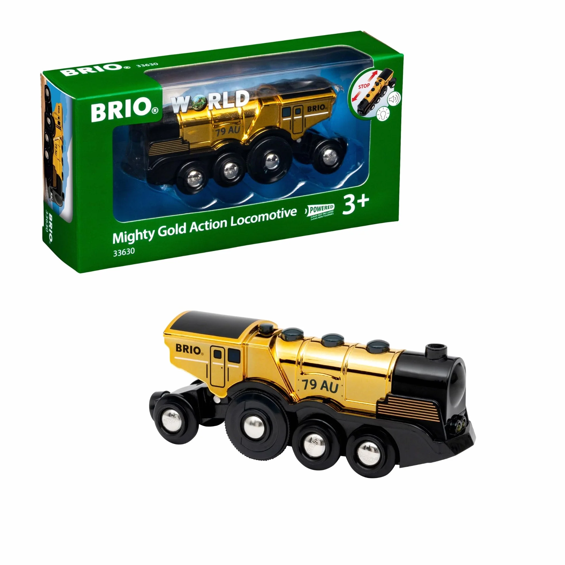 BRIO - Potente locomotora de acción dorada, locomotora con pilas, accesorios de BRIO World, edad recomendada 3+ (33630)