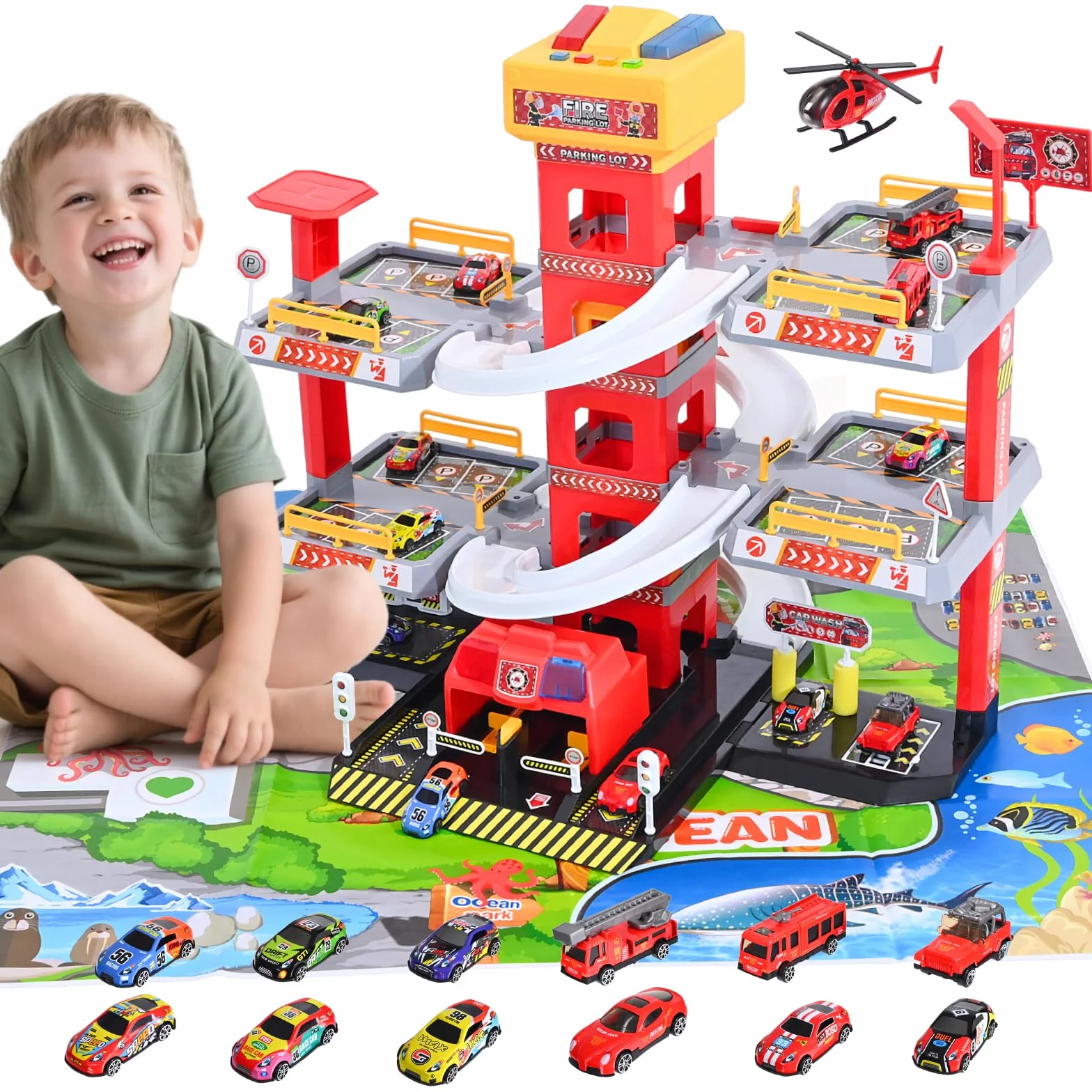 Garaje de estacionamiento de 5 pisos para niños, juguete Aparcamiento con 12 coches y 1 helicóptero, camión de bomberos juguetes con ascensor, luz y sonido,Regalos para niños 3 4 5 6 7 8 9 años
