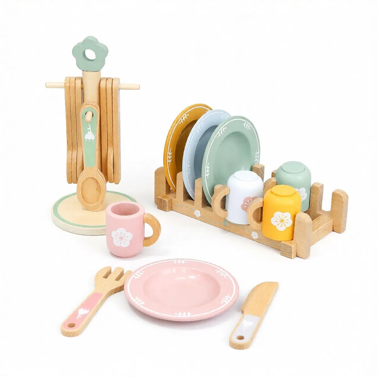 Cocina de Juguete de Madera para Niños, 30 Piezas Accesorios de Cocina de Madera para niños con Comida, Platos y Cubiertos, Juguete Educativo Montessori para Niños y Niñas +3 Años