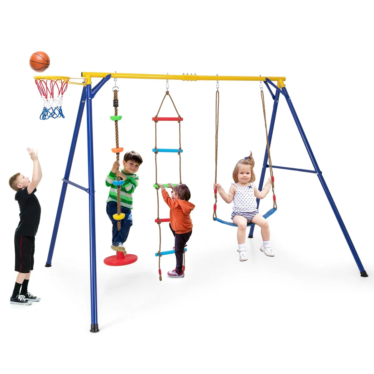 KOMFOTTEU Juego de Columpio 4 en 1 para Niños, Columpio Jardín Exterior con Estructura de Metal, Columpio Infantil con Escalera, Aro de Baloncesto, Parque Infantil con Carga 300 kg