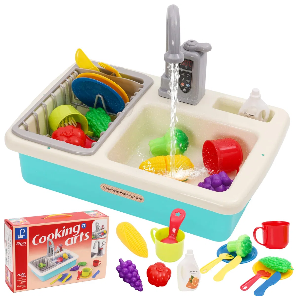 Fregadero de Juguete de Cocina con Agua Corriente, Fregadero Cocina Juguete con Lavaplatos y Grifo de Agua, Cocina de Juguete para Niños, Juegos de rol para Niños y Niñas de 3 4 5 6 Años(Verde)
