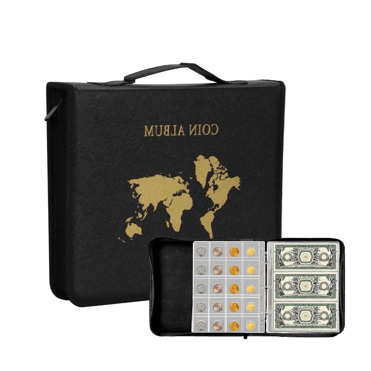 Álbum para Colección de Billetes y Monedas de Cuero,Album de la coleccion de Monedas,Contiene 240 Bolsillos para Monedas y 30 Bolsillos para Billetes,Álbum para Suministros de Colección Bills