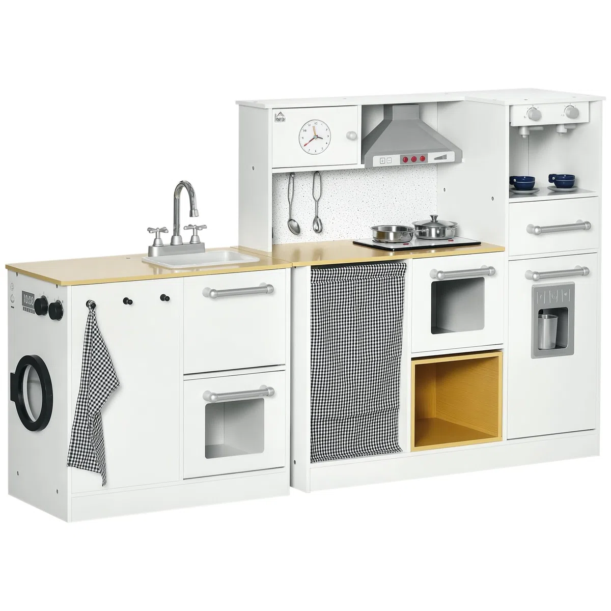 HOMCOM Cocina de Juguete de Madera con Luz y Sonidos 78,5x29x81 cm Blanco | Cocinita de Juguete, para +3 Años, Taburete, Cafetera, Máquina de Hielo, Lavadora, Horno, Refrigerador, Fregadero