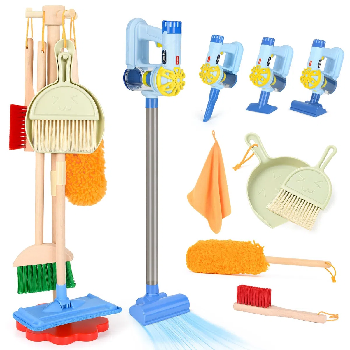Dreamon Aspiradora infantil con función de succión y sonido, 11 piezas de limpieza para niños, juguetes de madera, escoba para niños a partir de 3 años