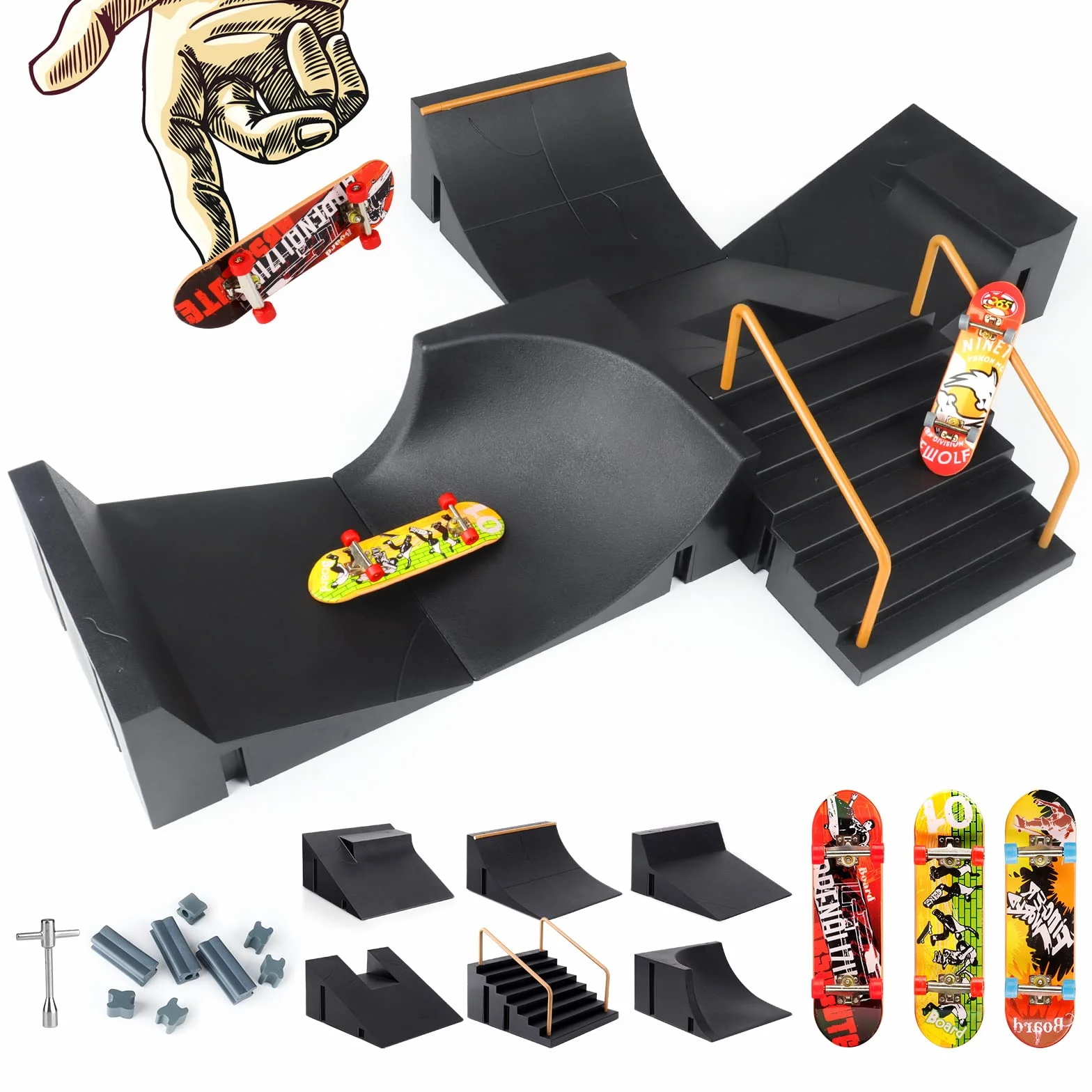KETIEE Rampas Skatepark, Mini Finger Skateboard y Ramp Accesorios Set, Finger Skate Park Kit Diapasón de rampa Parque Juguete para Niños