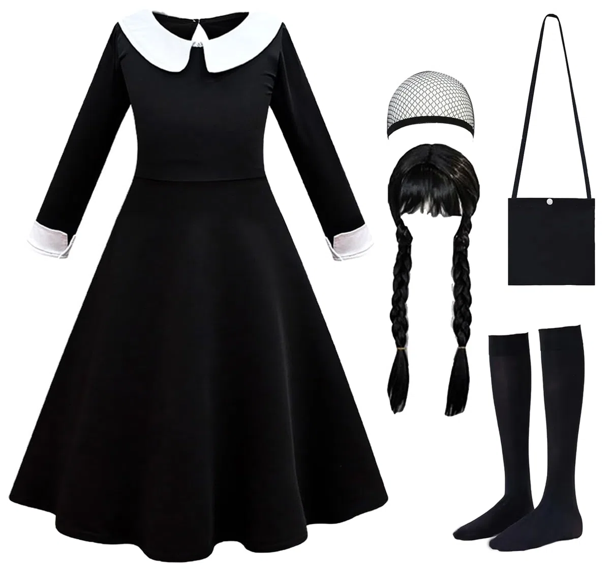 Disfraz negro para niñas con peluca, calcetines, vestido familiar negro para Halloween, cosplay