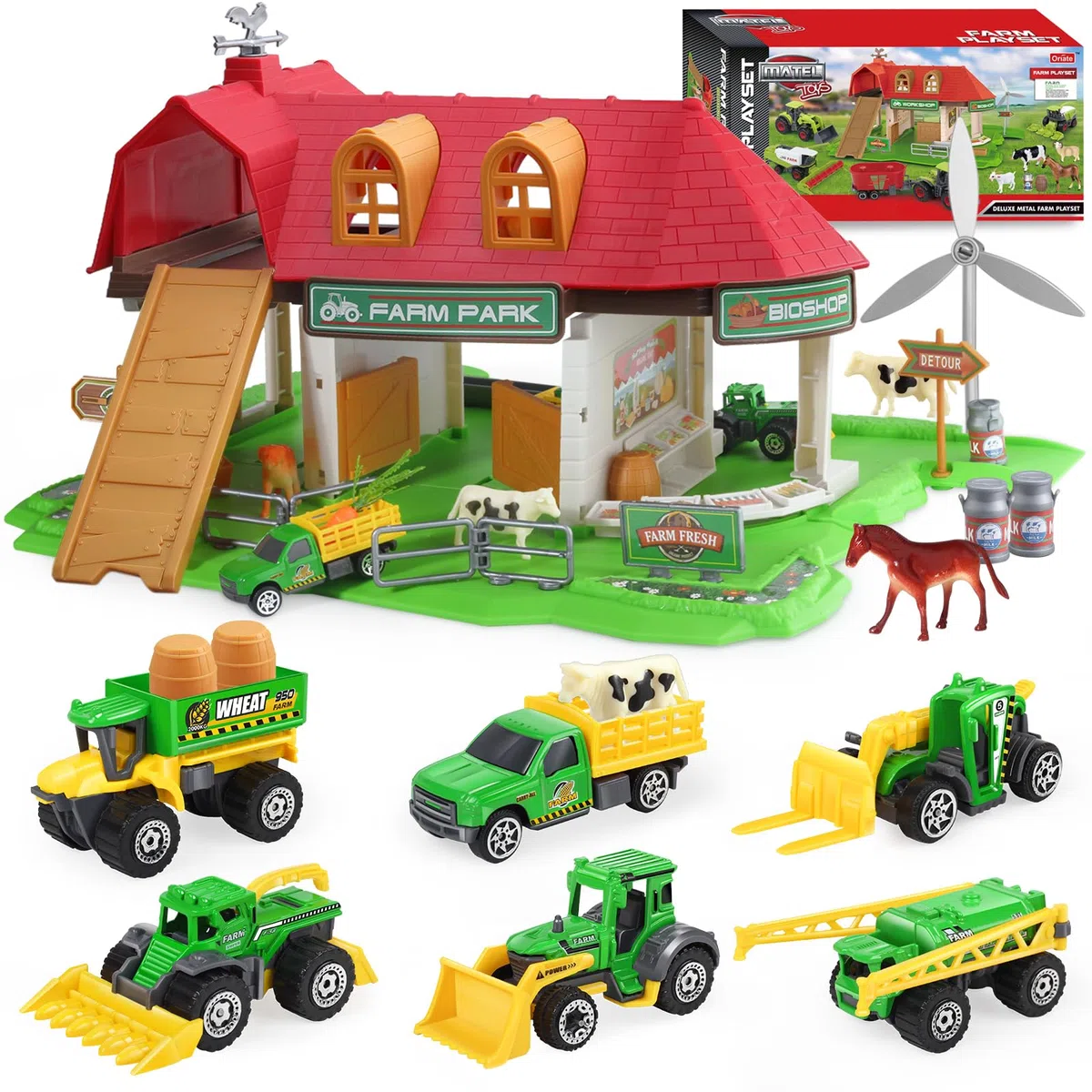 Oriate Casa de Granero de Juguete con Tractor y Granja de Animales, 1 64 Tractores fundidos a presión Juguetes para niños de 3 a 5 4 a 6 años, Juguetes de Granero Rojo Grande para niños de 3 a 8 años