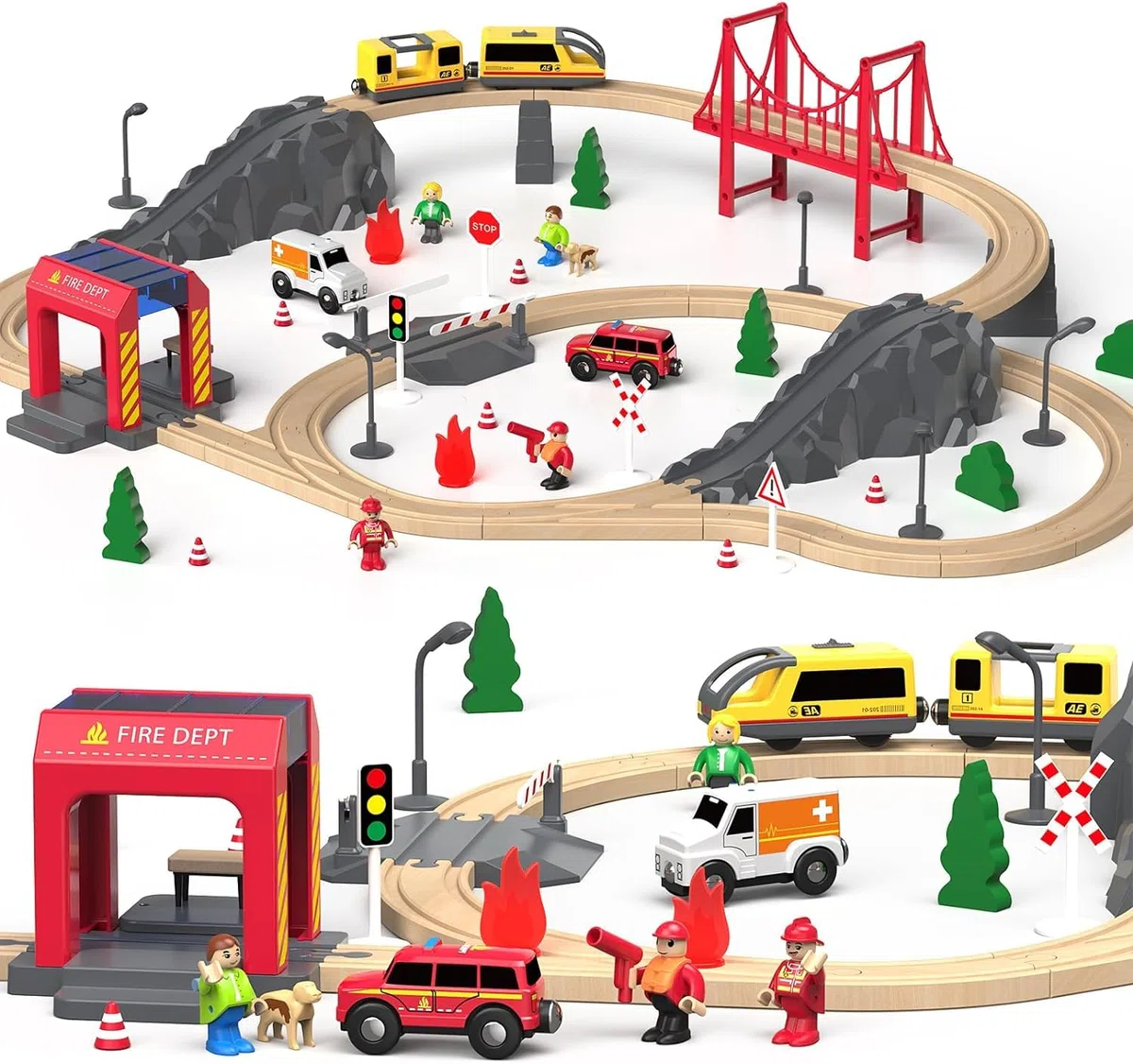 Giant bean Tren de Madera 72 Piezas, Vías y Accesorios de Tren de Madera, Set de para Niños Pequeños, Kit Ferroviario de Juguete para Niños de 3 4 5 Años