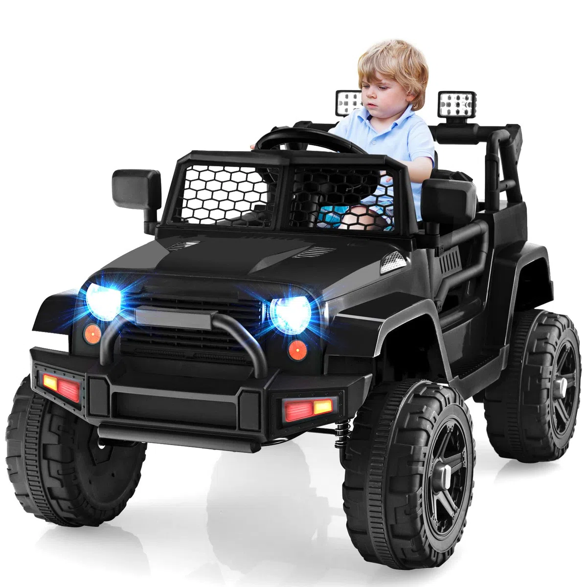 GOPLUS Coche eléctrico para niños de 12 V, con mando a distancia de 2,4 G, vehículo infantil con USB, música y MP3, Jeep con faros LED y bocina, 2,5-4,5 km/h, para niños a partir de 3 años (negro)