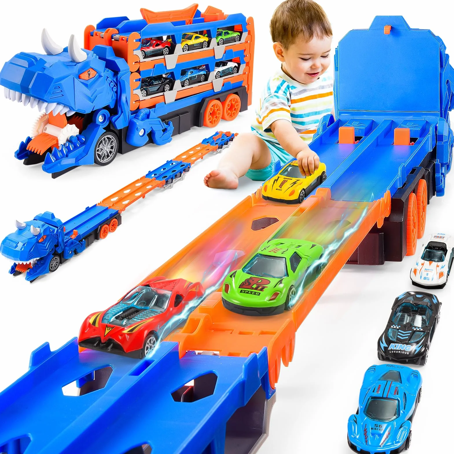 iKidiki - Camión dinosaurio de juguete, circuito infantil, 2-6 años, 150 cm, regalo para niños