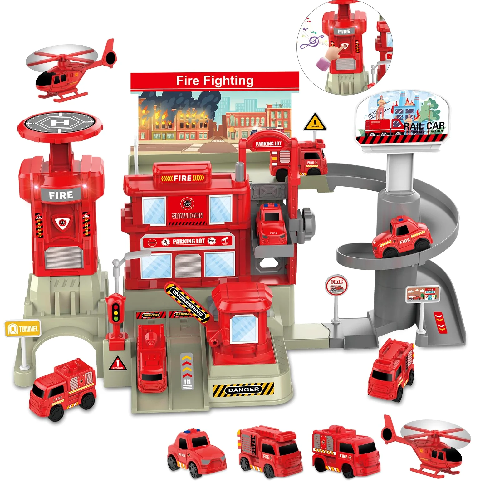 deAO Fire Rescue - Estación de Bomberos con Efectos de luz y Sonido, Elevador de Vehículos, Garaje con Puertas Que se Abren, Helipuerto y Camión, Juguete de Regalo para niños a Partir de 3 Años