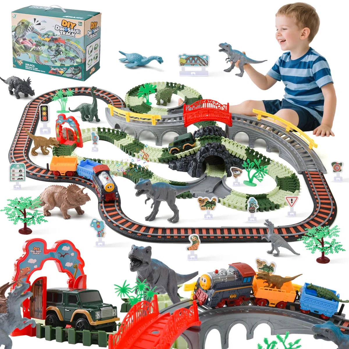 Dinosaurio Juguetes Pista de Carreras, 259 Piezas Pista de Coches para Niños, Tren electrico Juguete niños, Vías de Tren Flexibles, Circuito Coches Navideños Regalos 3 4 5 6 7 8 Años