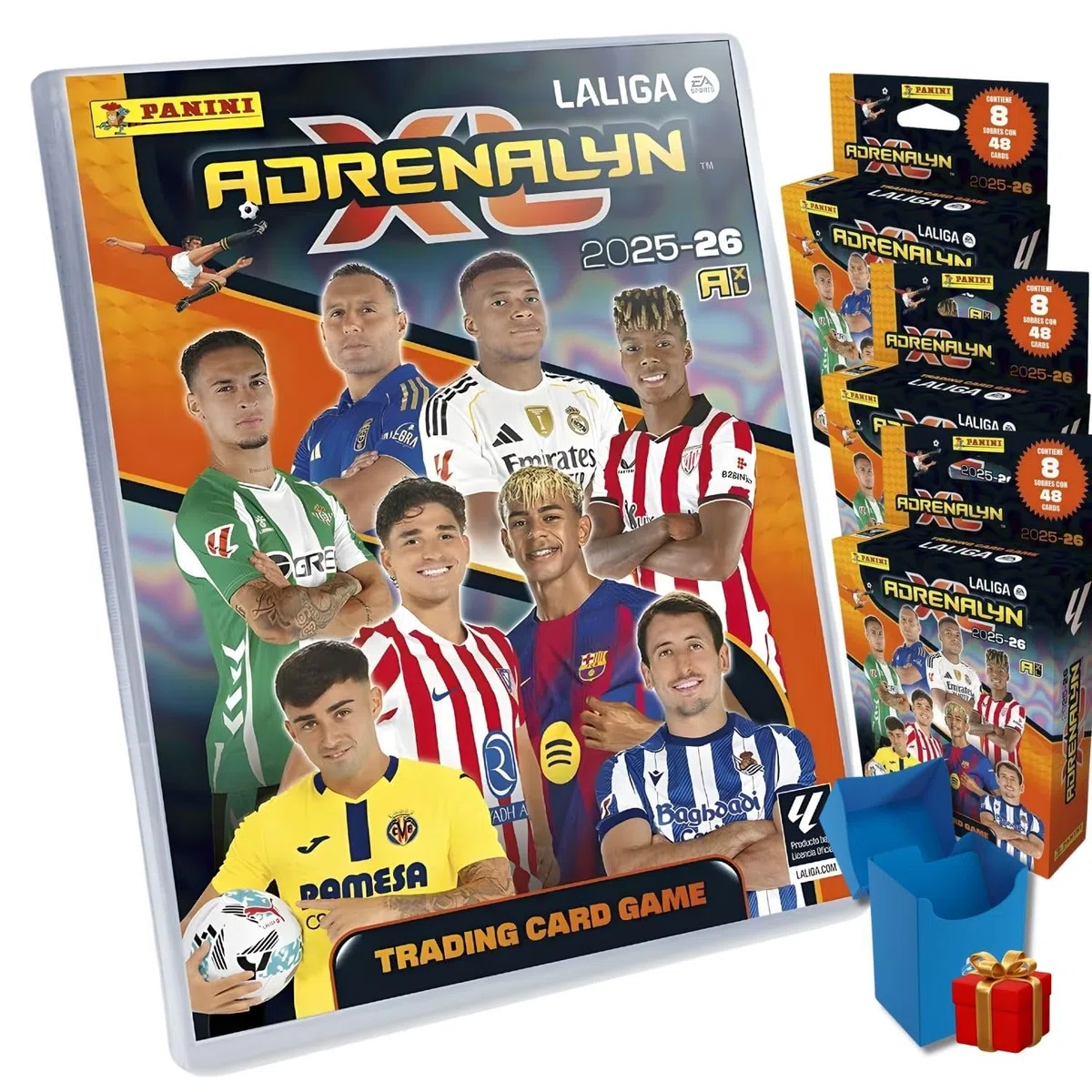 Panini Adrenalyn LaLiga 2025-26, Megapack Edición Básica con 24 sobres adiciones, Álbum Premium con Cartas Exclusivas, Trading Card Game y Deckbox de Regalo para repetidas