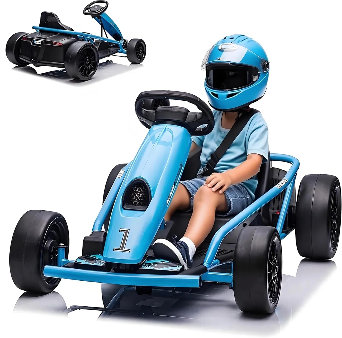 Go-Kart eléctrico 24 V para niños de 8 a 12 años – 2 motores 300 W, Drift 360°, velocidad 8 km/h, música, arranque elegante, asiento ancho, cinturón de seguridad, ruedas EVA – Juguete exterior azul