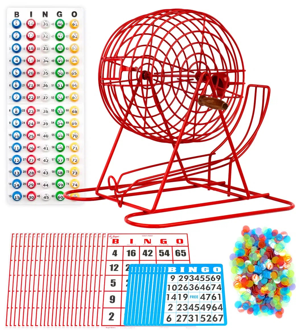 Regal Bingo - Juego completo de bingo para fiestas - Incluye jaula de 11 pulgadas, 50 tarjetas reutilizables gigantes, 18 tarjetas de bingo estándar, 150 fichas, tablero maestro, 75 bolas de bingo