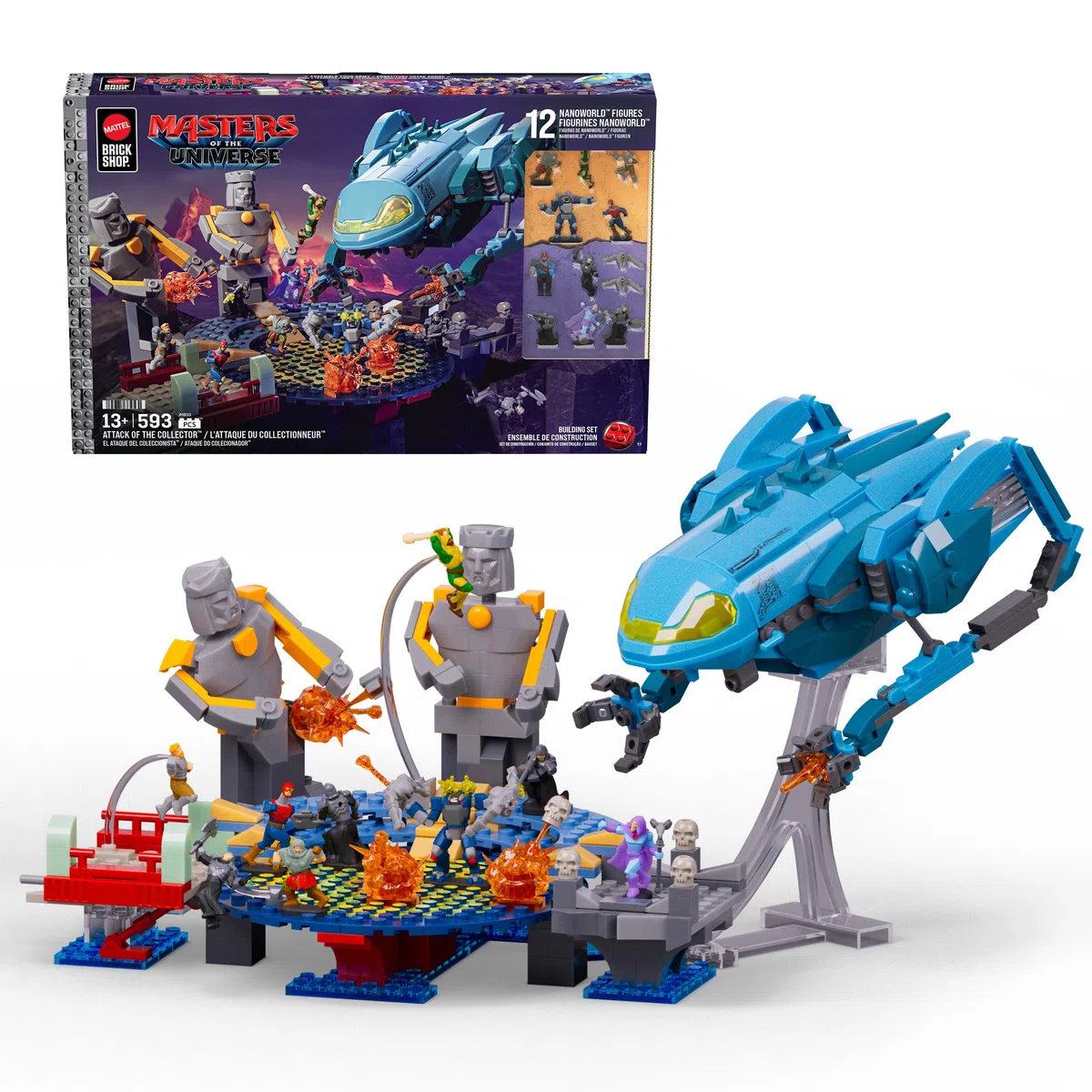 Mattel Brick Shop Masters of The Universe El Ataque del coleccionista Conjunto de construcción con 593 Piezas y 12 Figuras, coleccionistas Adultos y a Partir de 13 años, JMB30