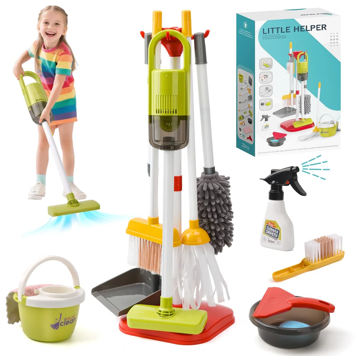 14 Piezas Set de limpieza para Niños, Aspiradora de Juguete para Niños con Función de Succión, Set Limpieza Juguetes de rol para la Limpieza del Hogar a Partir de 3 Años