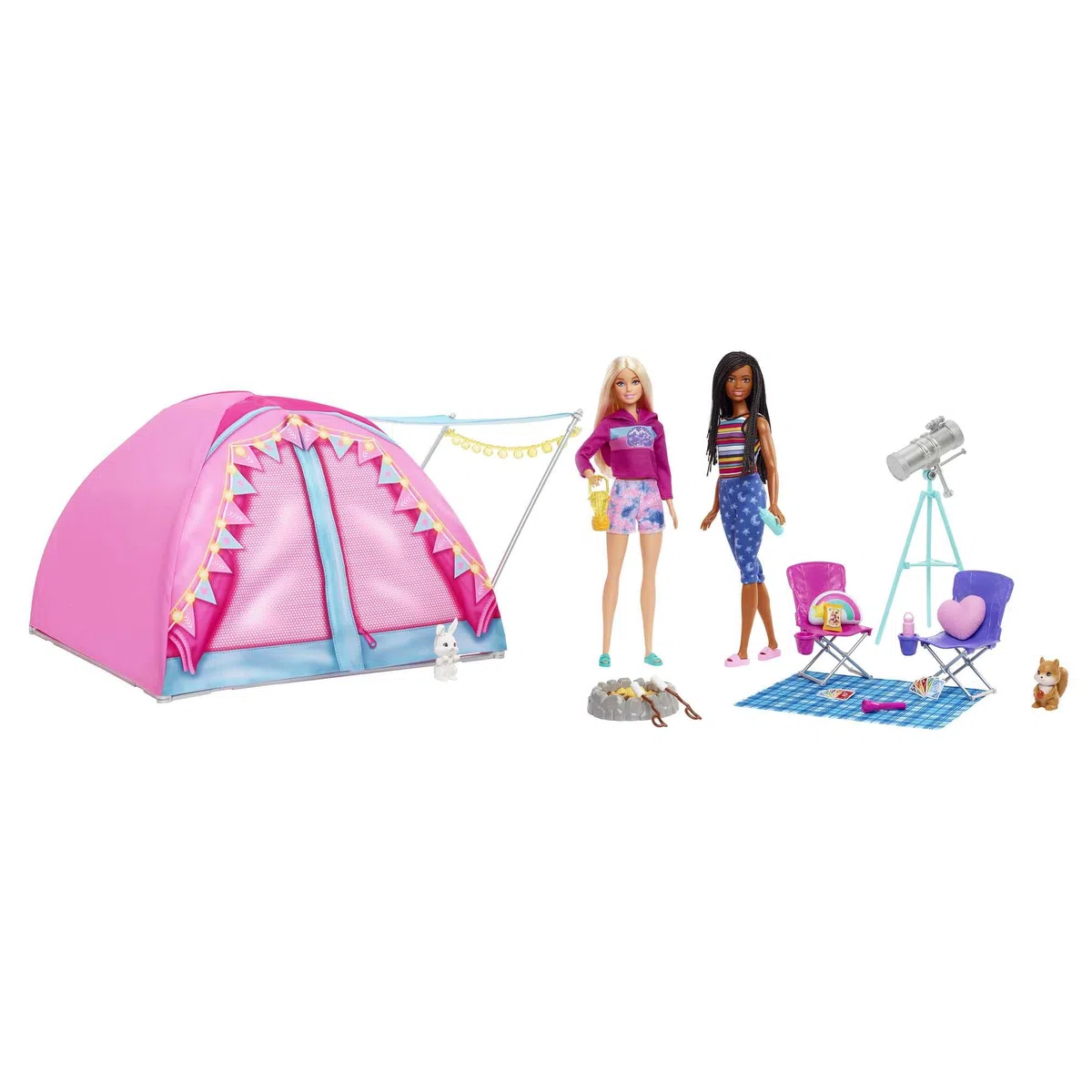 Barbie Cosa de Dos Malibu y Brooklyn con Carpa de Camping Dos muñecas con Tienda de campaña y 20 Accesorios, Juguete de Regalo +3 años (Mattel HGC18)