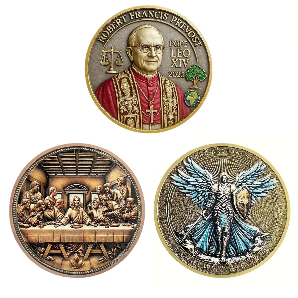 Juego de 3 piezas religiosas de colección – Papa León XIV, Arcángel Miguel & La Última Cena, vienen con estuches individuales y soportes de presentación, regalo único y prestigioso.
