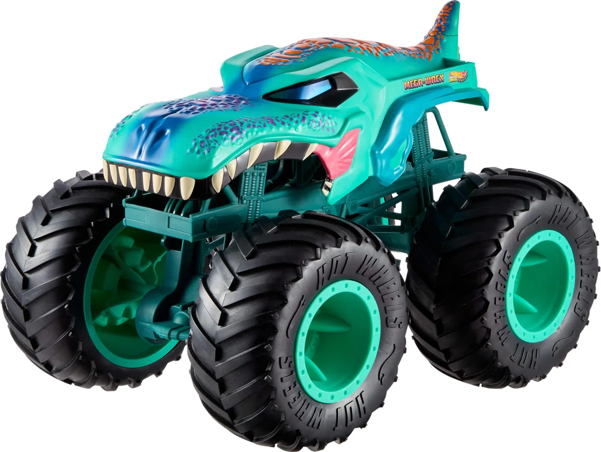 Hot Wheels Monster Trucks Camión de Juguete, Personaje Favorito de los Fans Colossal Mega-Wrex con Ruedas Grandes y Detalles geniales, Monster Trucks Live, JJN47