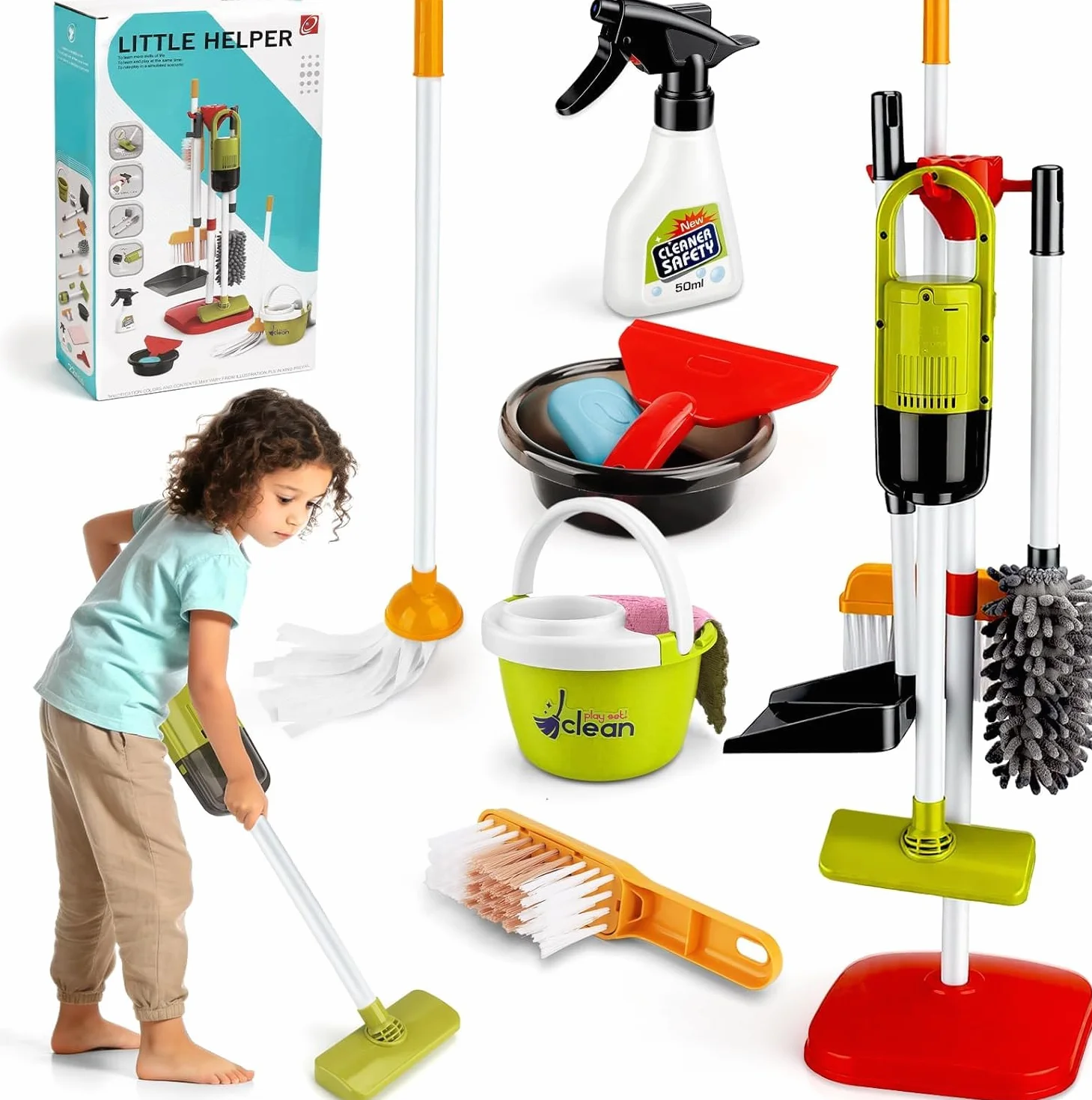 Aspiradora Juguete con Función de Succión, Juego de Limpieza para Niños de 14 Piezas,Set Limpieza Juguetes de rol para la Limpieza del Hogar a Partir de 3 Años
