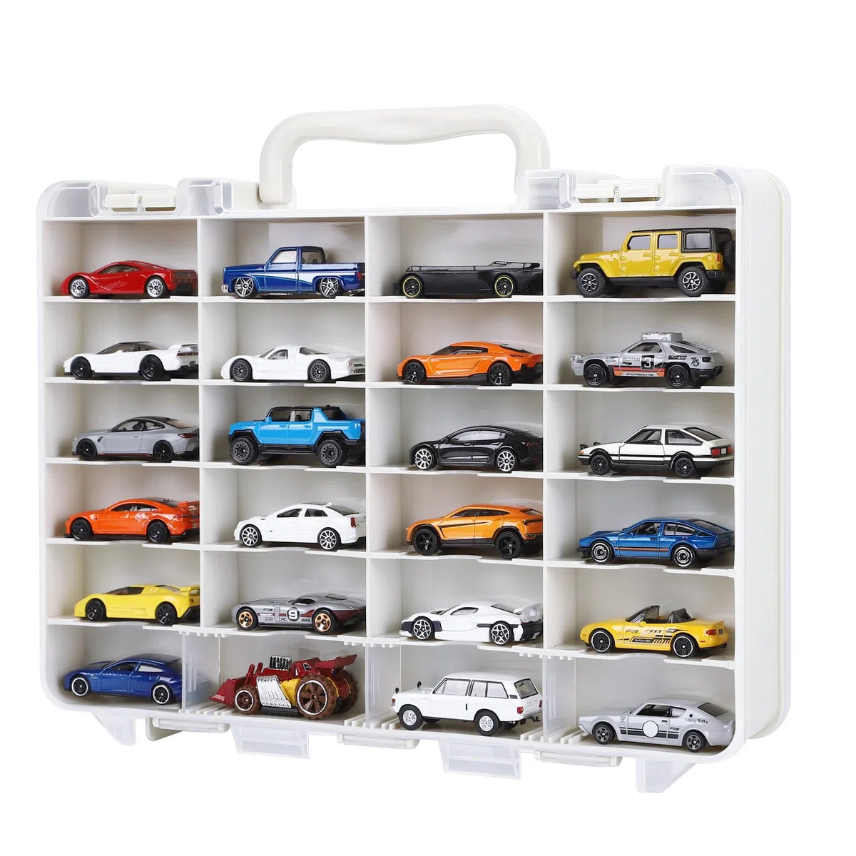 Saichotoy Estuche de almacenamiento compatible con Hot Wheels, vitrina de transporte para coches de juguete a escala 1/64, organizador transparente de doble cara de 48 ranuras con escalones integrados