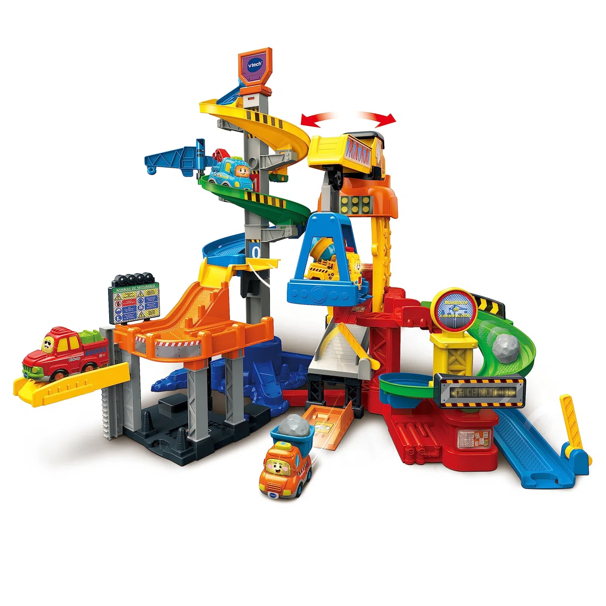 VTech - Maxitorre de construcción TutTut Bólidos, Pistas y Coches de Juguete para niños +1 año, Circuitos para Combinar, Incluye Josete el volquete, Versión ESP