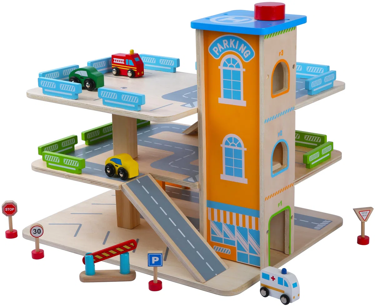 Bayer Chic 2000 - Gran Aparcamiento de Madera para Niños - Coches con Ascensor y Accesorios Incluidos