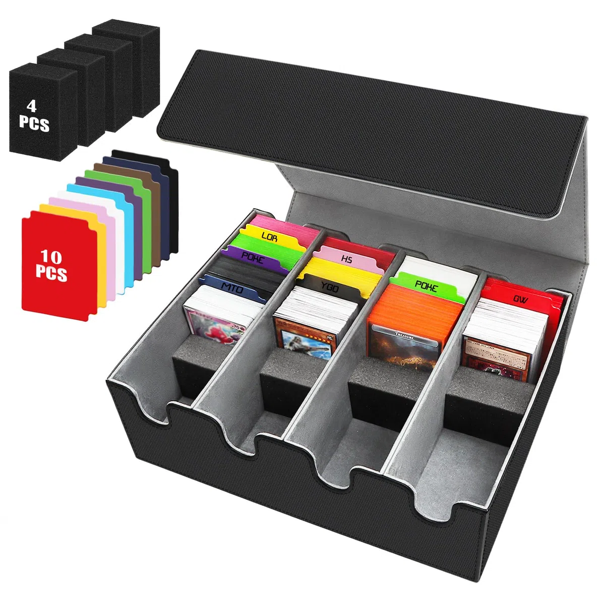 Caja de Tarjetas para Más de 2800+ Tarjetas, Cajas de Almacenamiento de Tarjetas Coleccionables con 24 Divisores, Cajas de Cubierta Magnéticas Premium, para Tarjetas TCG Magic(Negro Gris)