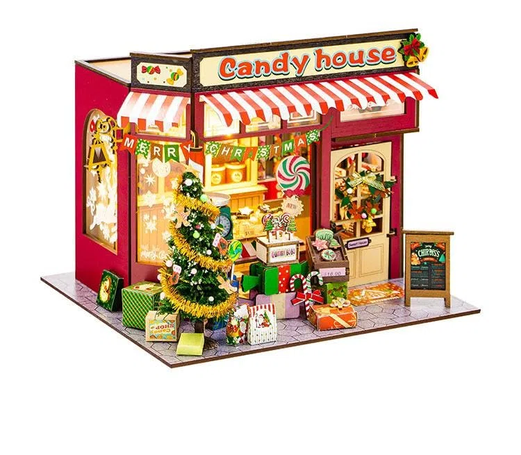 Casa Miniatura de Dulces de Navidad DIY • Kit de Madera con Luces LED • Casita Navideña con Árbol y Otros Detalles de la Navidad • Manualidades Adultos • Decoración y Regalo Creativo