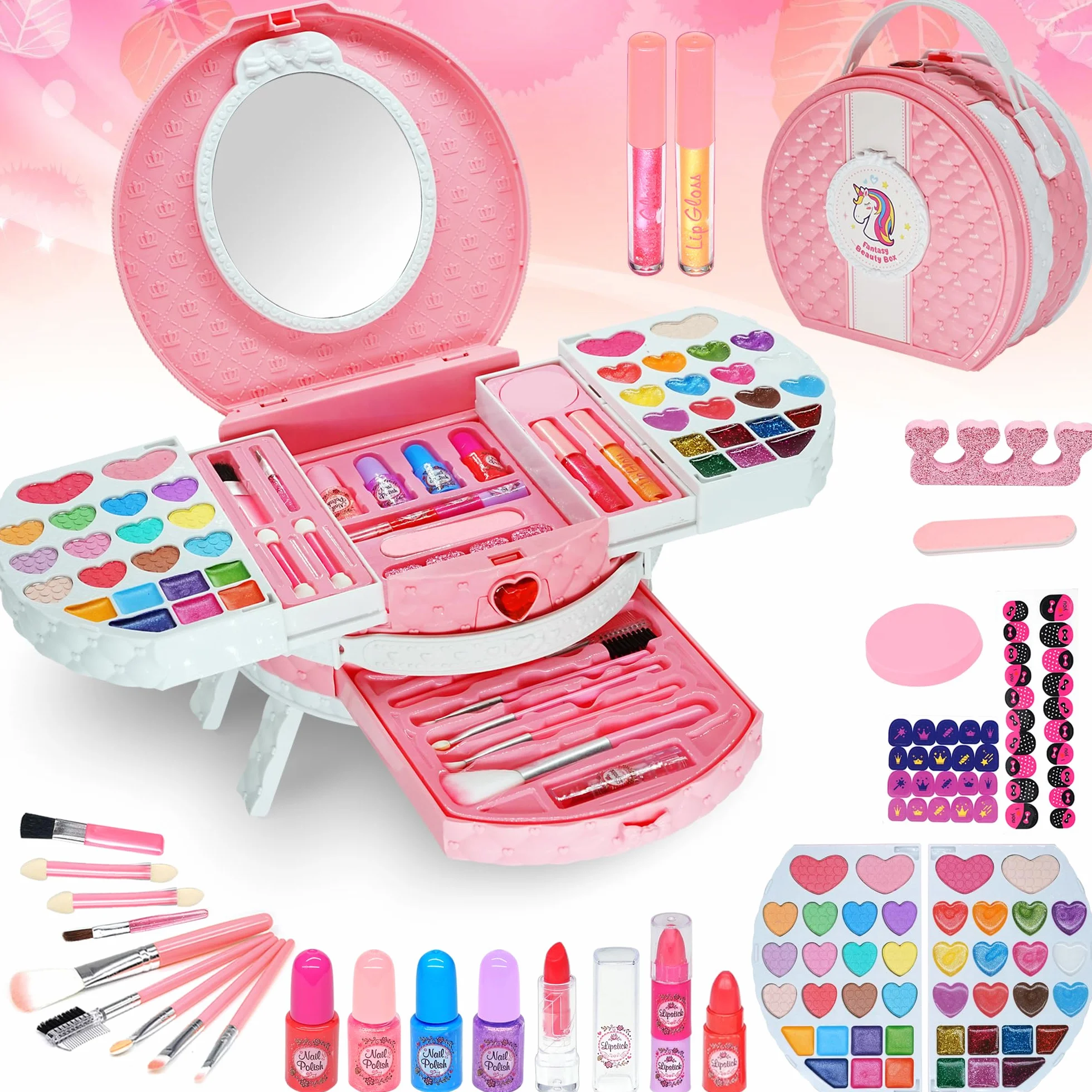 Mesa de Maquillaje para Niñas - 66 Piezas Lavable para Niños, Juguetes con Tocador, Regalo de Princesa para Niñas 4-12 Años, Ideal para Cumpleaños y Navidad