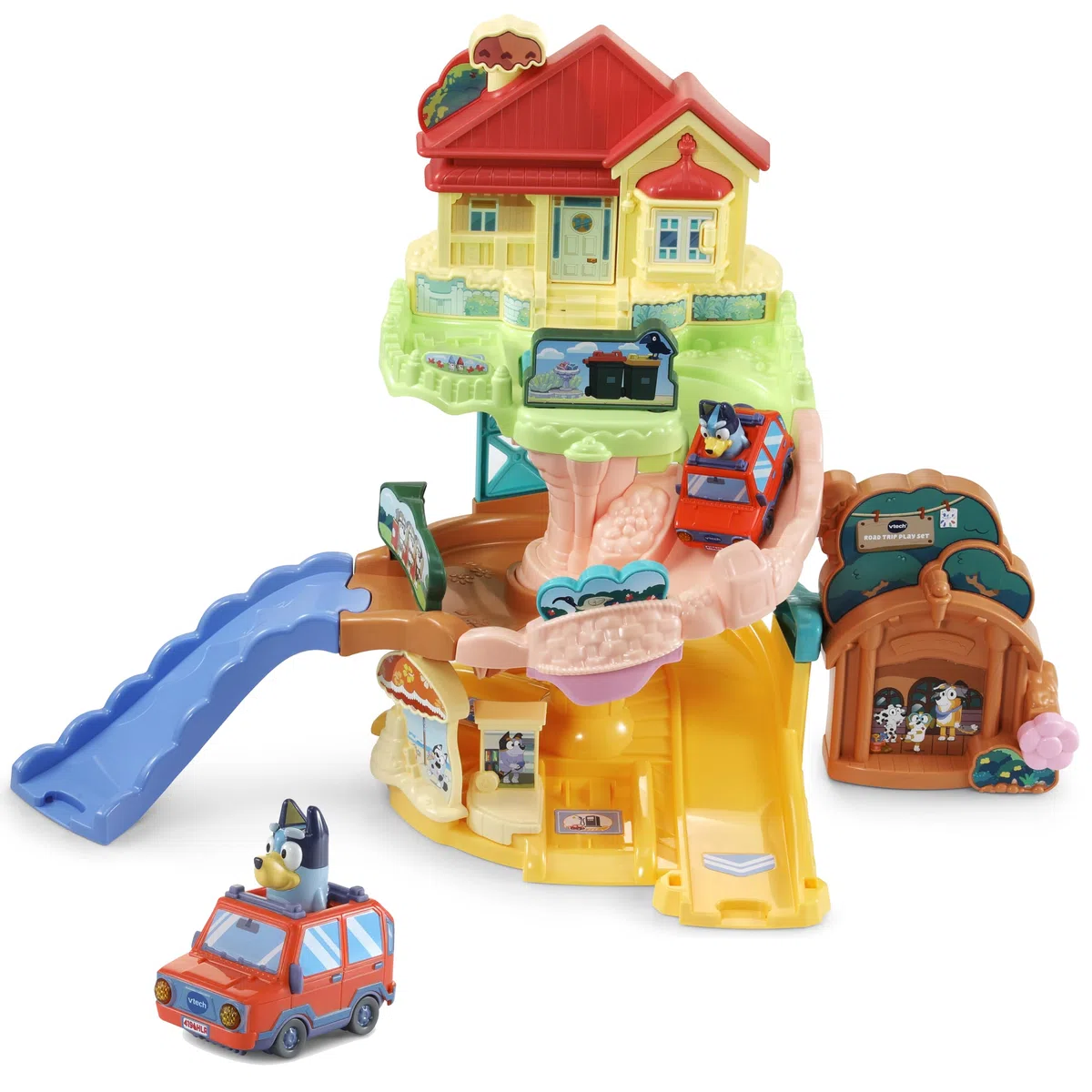 VTech - TutTut Bólidos Casa Familiar de Bluey, Circuitos, Coches y playsets de Juguete, Niños +1 Año, Rampas y Sensores Mágicos, Frases y Música, Coche Incluido, Versión ESP