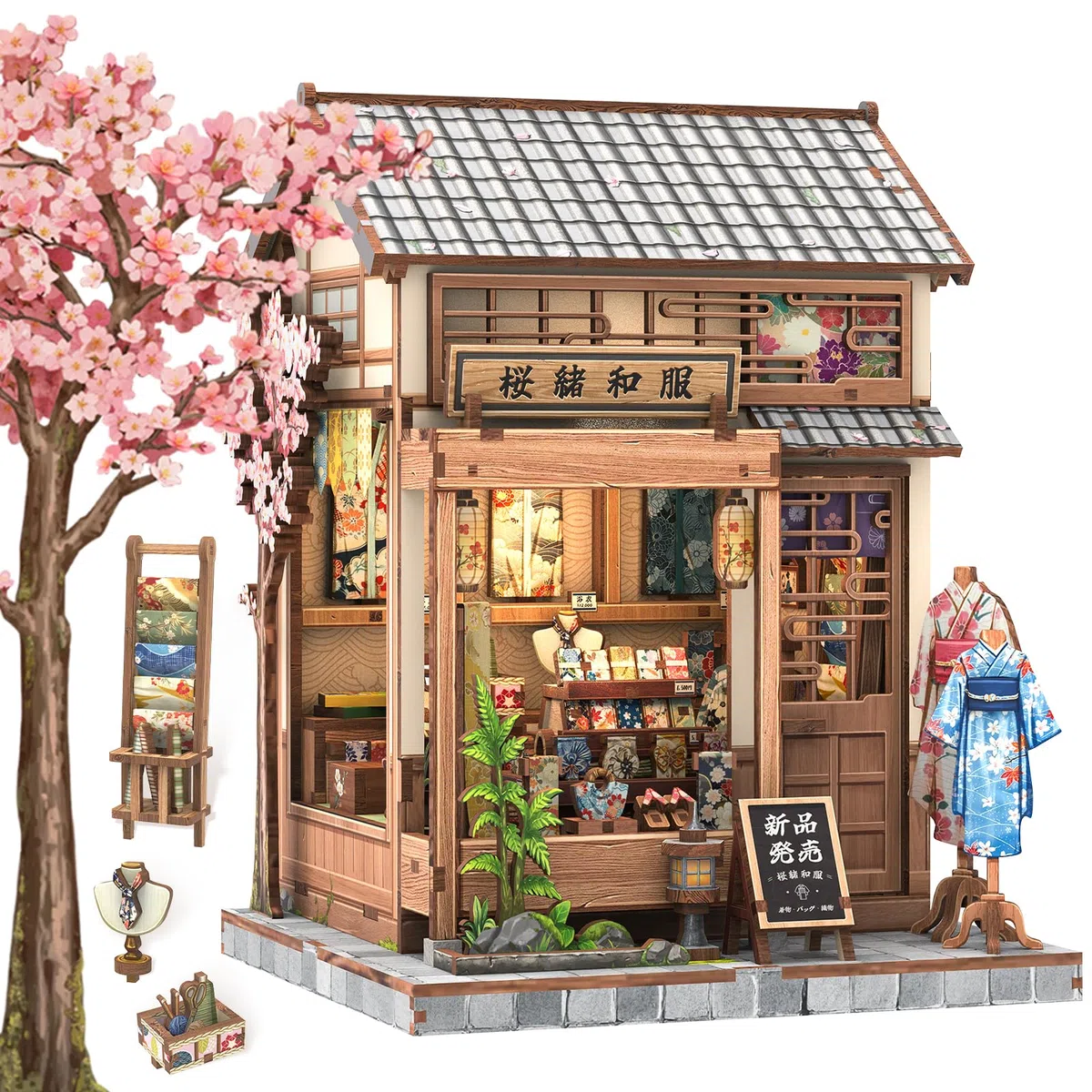 CUTEBEE Book Nook - Kit de Puzzle 3D Estilo japonés Casa de Muñecas DIY, Decoración para estantería, Regalo Ideal para Familia y Amigos (Sakura O Kimono Shop)
