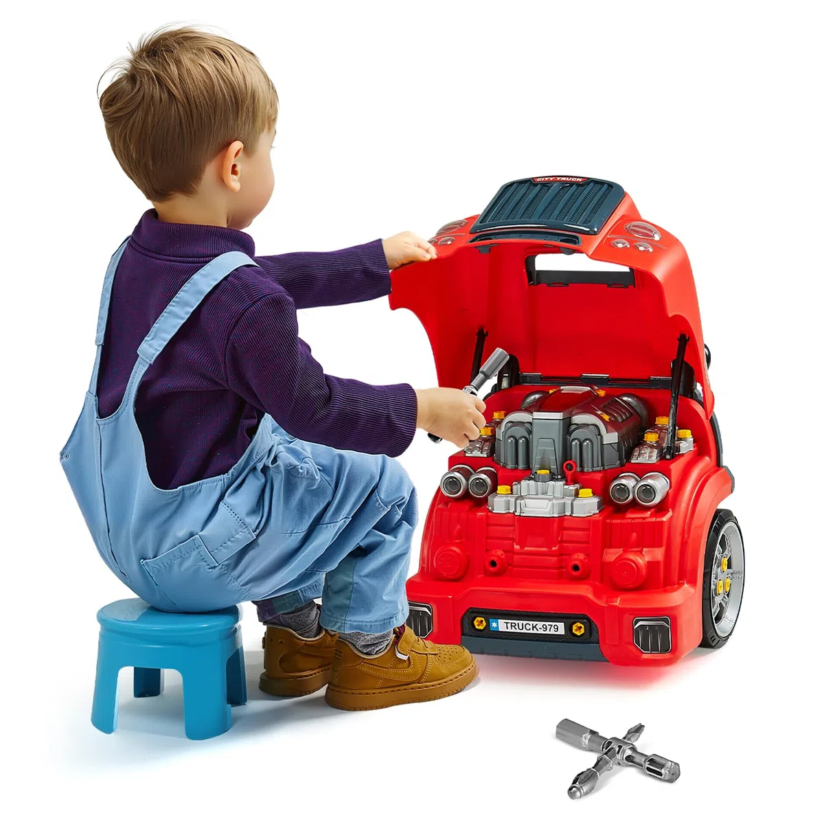 VEVOR Juguete de Motor, 60 PCS Juego de Reparación de Coches para Niños con Piezas Desmontables, Luces y Sonidos, Volante y Bocina, Juego de Taller Mecánico para Niños de 3 Años en Adelante, Rojo