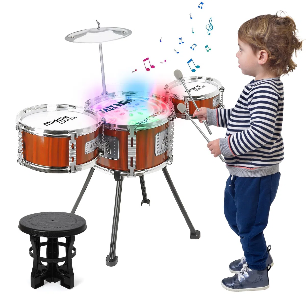 Juego de baterías para niños, 6 unidades, negro, Jazz Rock Drum, con taburete percusión, para 1-6+ años