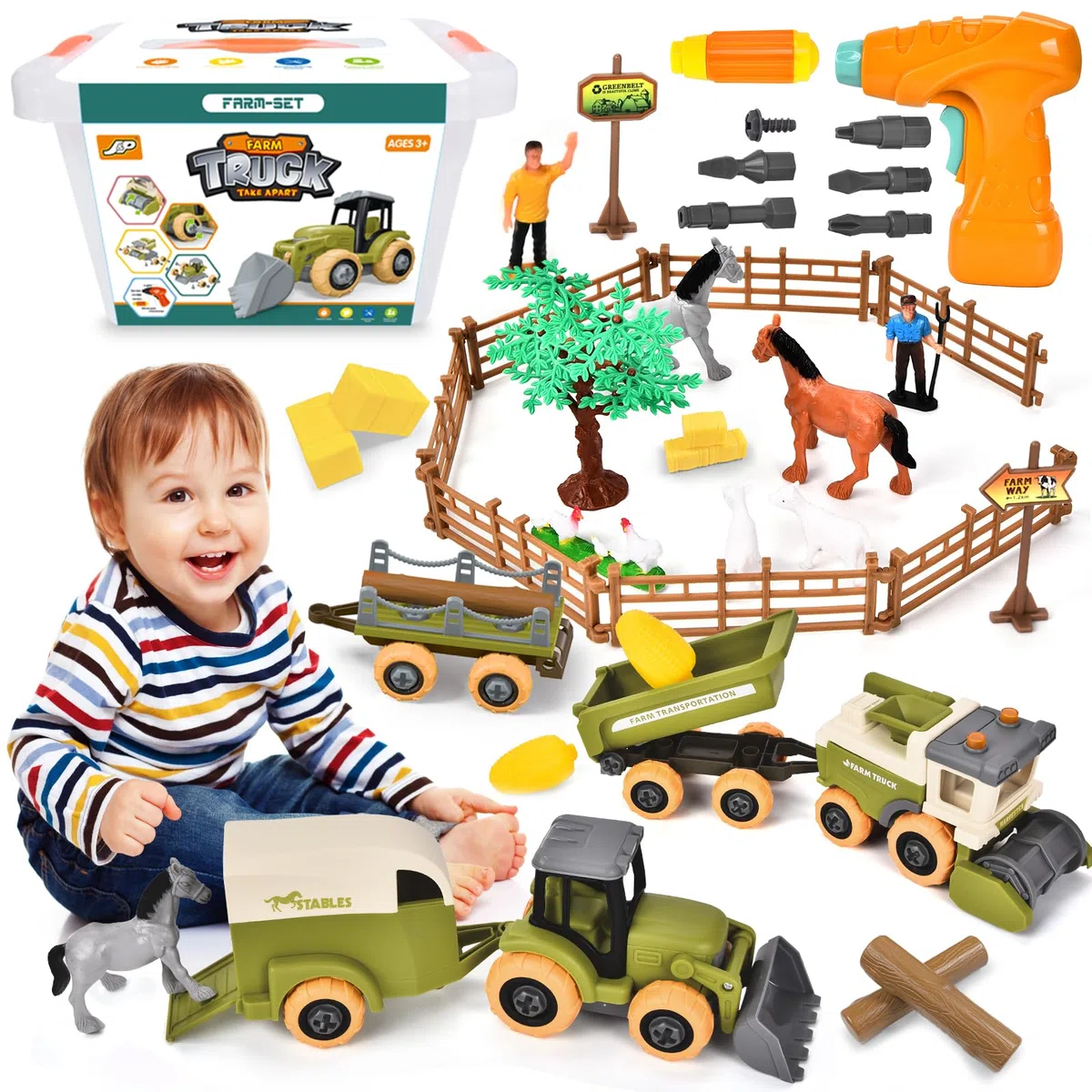 BuzzoXerex Tractor Juguete, Juego de Tractor Granja, Granja Juguete con Animales, Valla, Transportador y Cosechadora, Juego de Animales Granja para Niños de 3 4 5 6 Años
