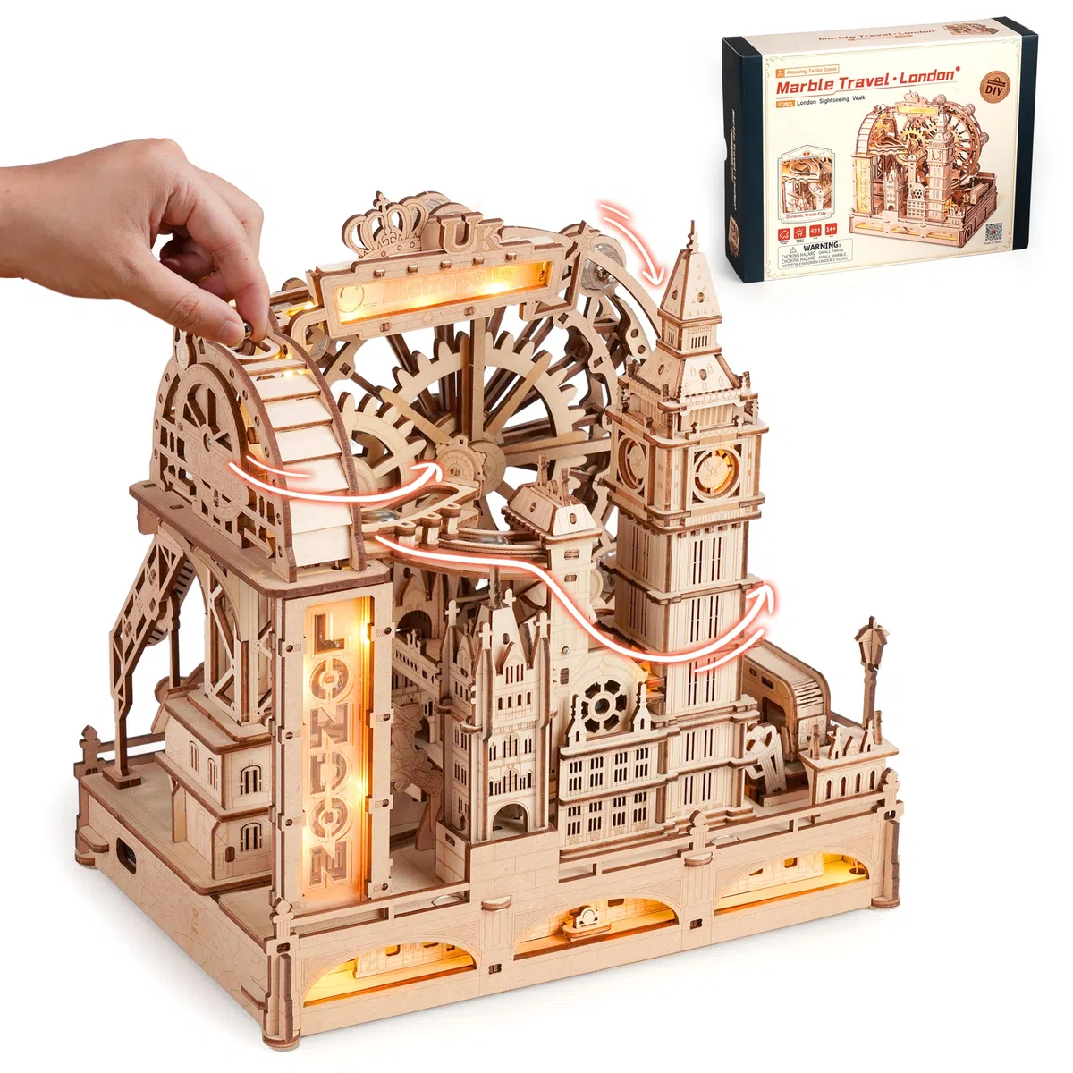 ROBOTIME Puzzle 3D de Madera con Circuito de Canicas – Maqueta de Londres con Luces, Kit de Construcción Mecánico para Adultos y Adolescentes, Regalo Decorativo y Educativo, EGB01